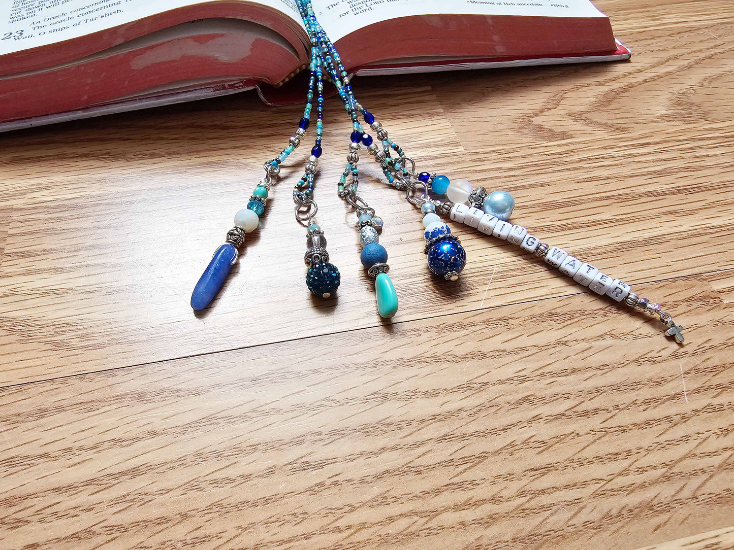 Beaded Bible 5 strand Bookmark - The Living Water - Blue and silver bible accessories