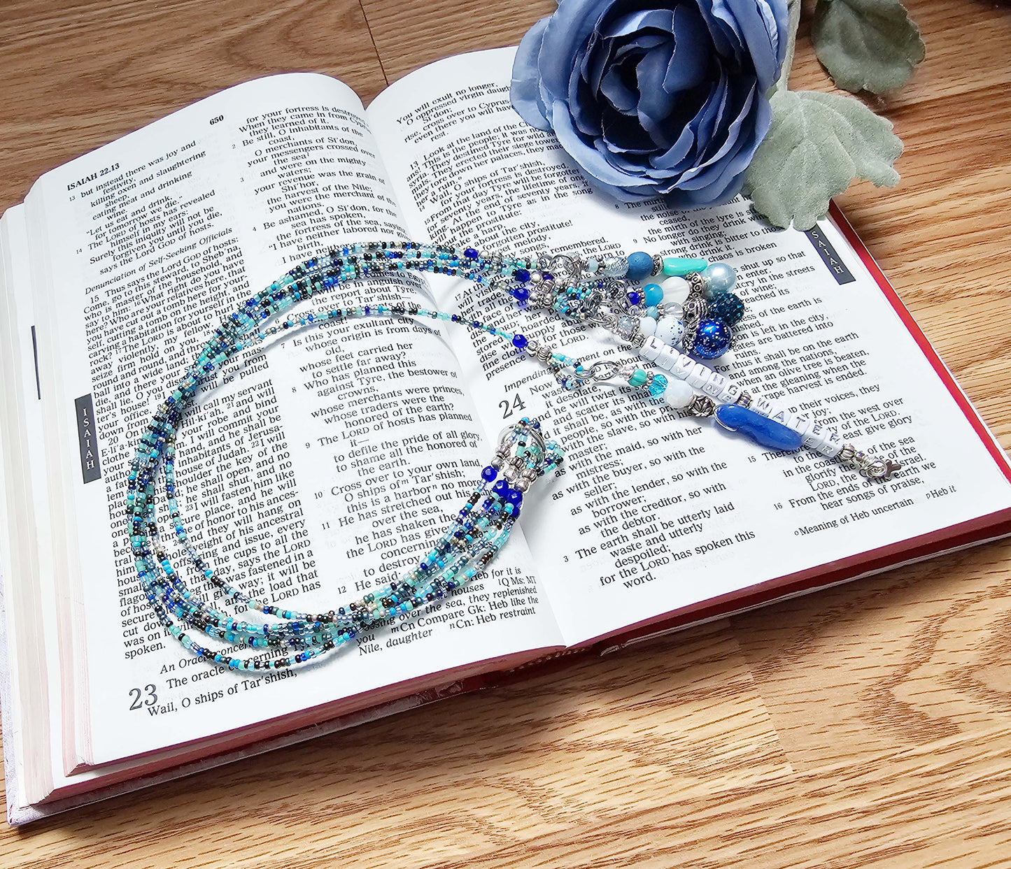 Beaded Bible 5 strand Bookmark - The Living Water - Blue and silver bible accessories
