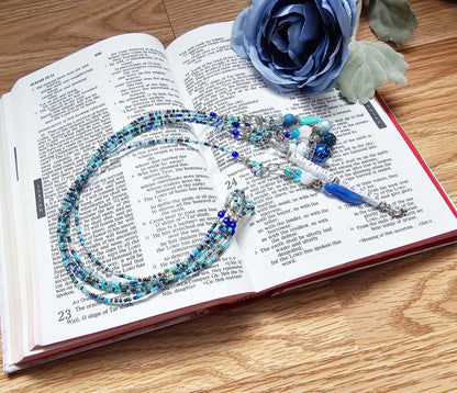 Beaded Bible 5 strand Bookmark - The Living Water - Blue and silver bible accessories