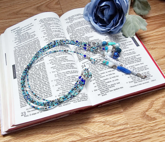 Beaded Bible 5 strand Bookmark - The Living Water - Blue and silver bible accessories