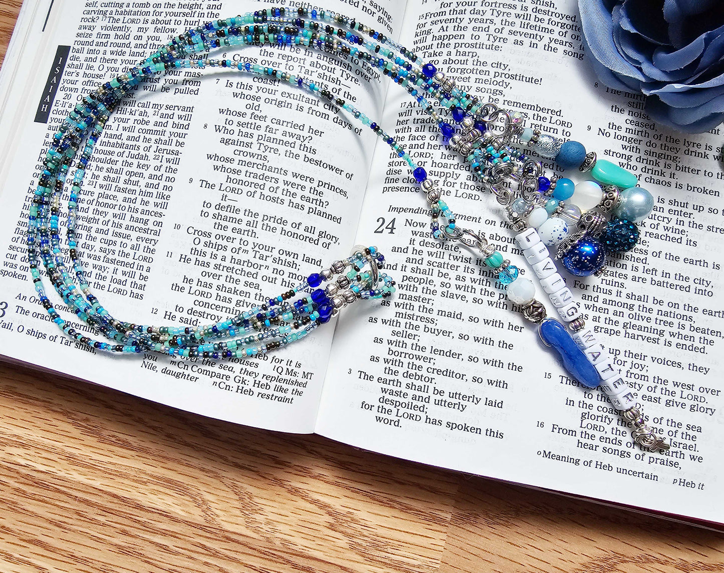 Beaded Bible 5 strand Bookmark - The Living Water - Blue and silver bible accessories