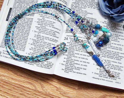 Beaded Bible 5 strand Bookmark - The Living Water - Blue and silver bible accessories
