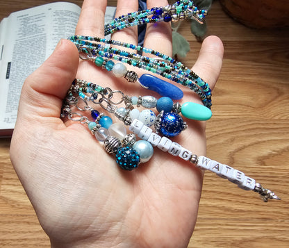 Beaded Bible 5 strand Bookmark - The Living Water - Blue and silver bible accessories